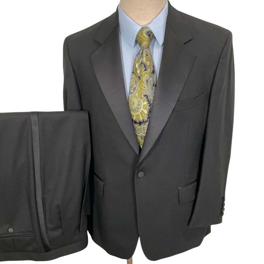 Bill Blass Eveningwear Tuxedo Mens 40S 35W 29L Black Wool 1 Button‎ Luxury Suit